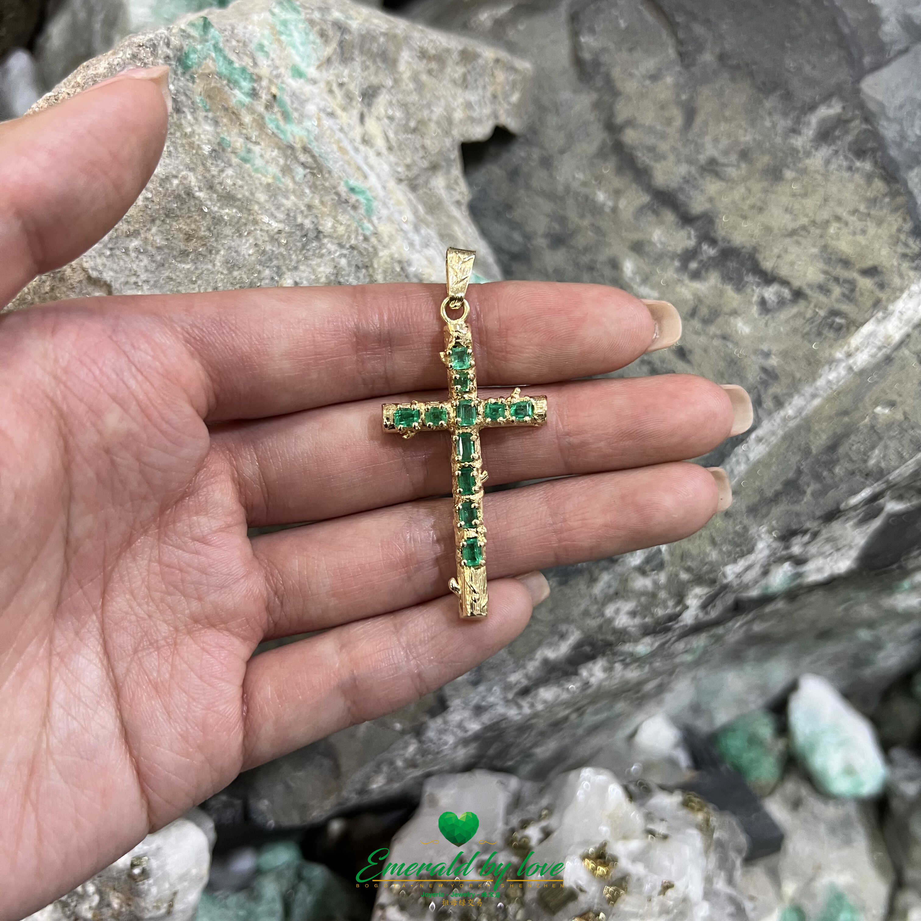 18k Yellow Gold Cross Pendant with Natural Colombian Emeralds