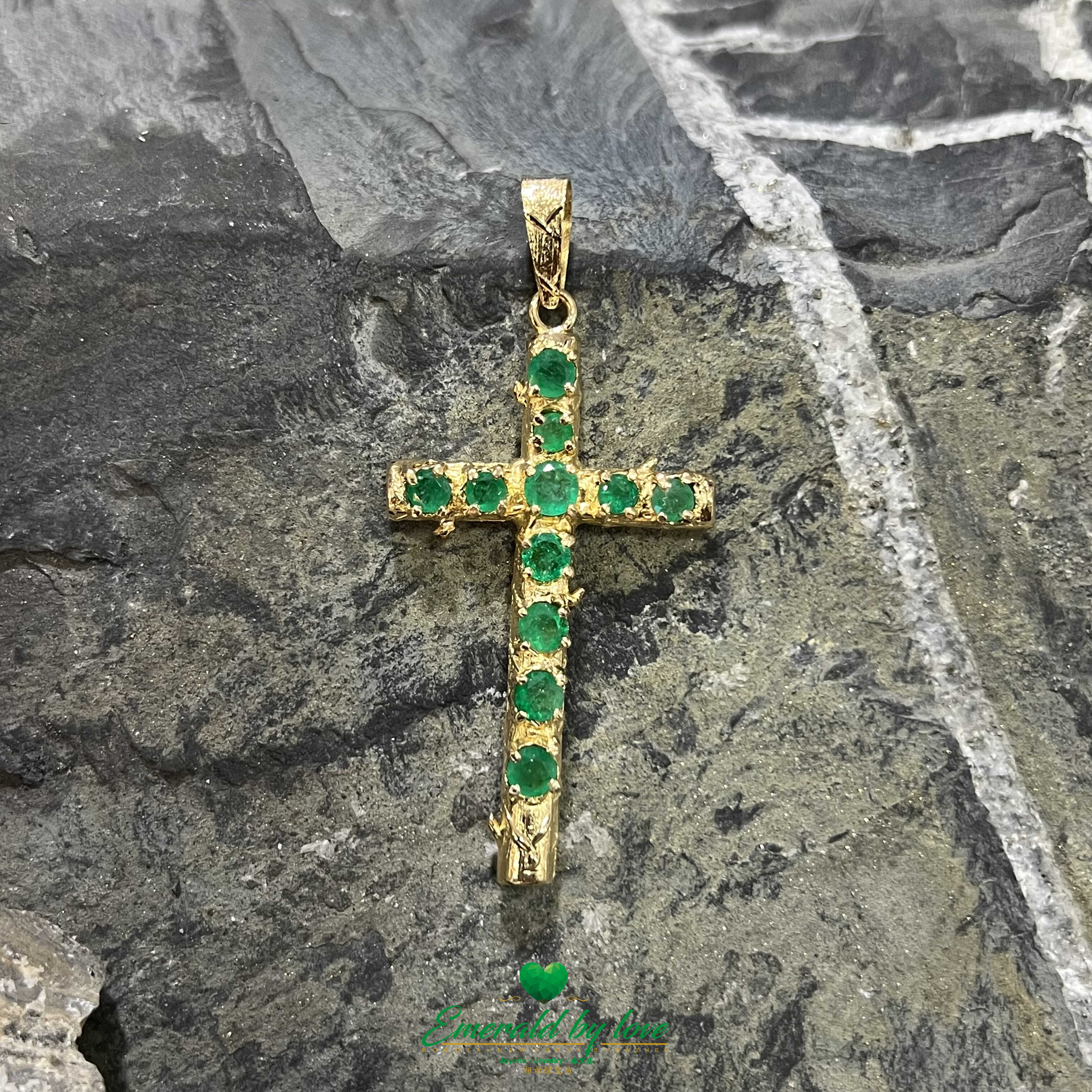 Exquisite 18k Yellow Gold Cross Pendant with Natural Colombian Emeralds