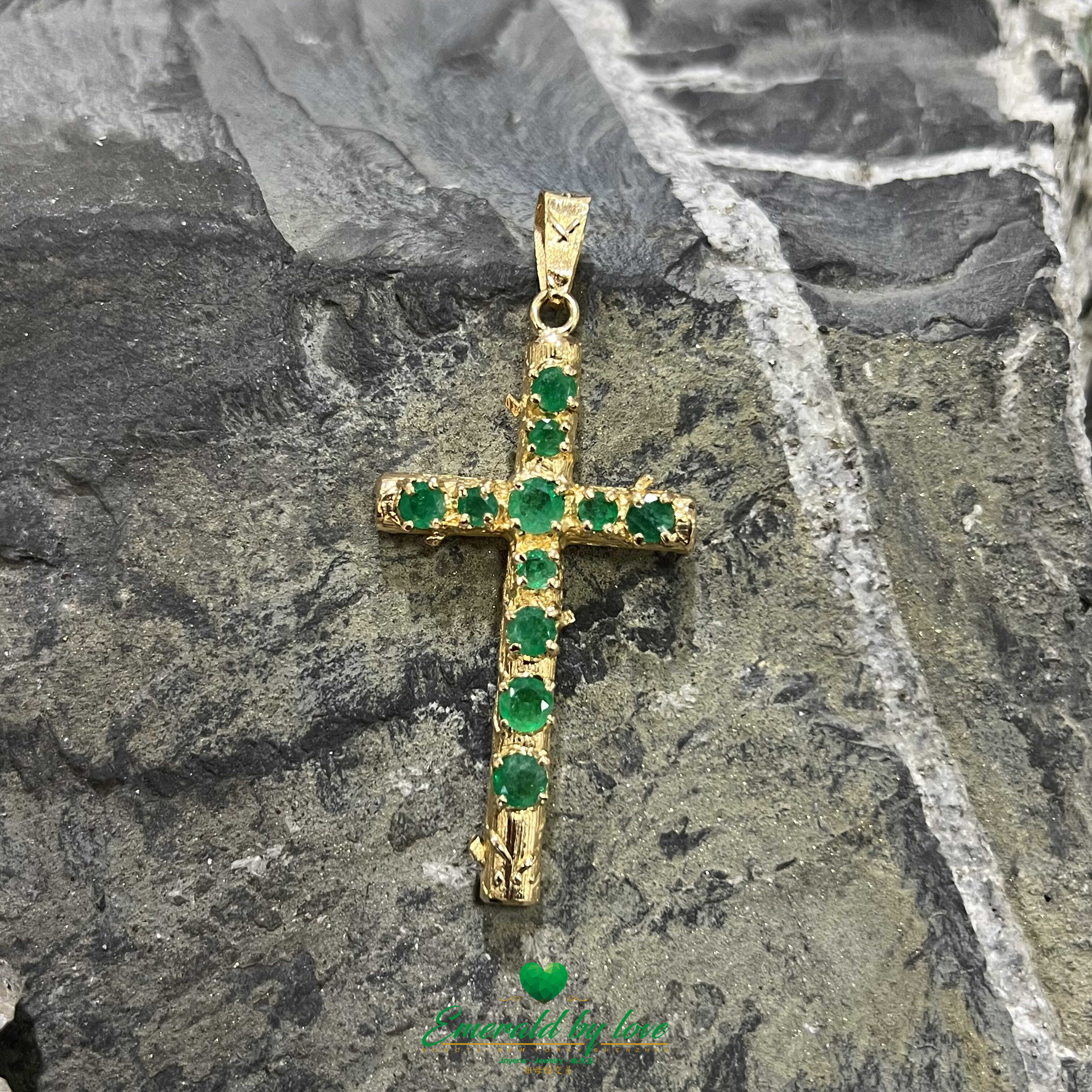 Exquisite 18k Yellow Gold Cross Pendant with Natural Colombian Emeralds