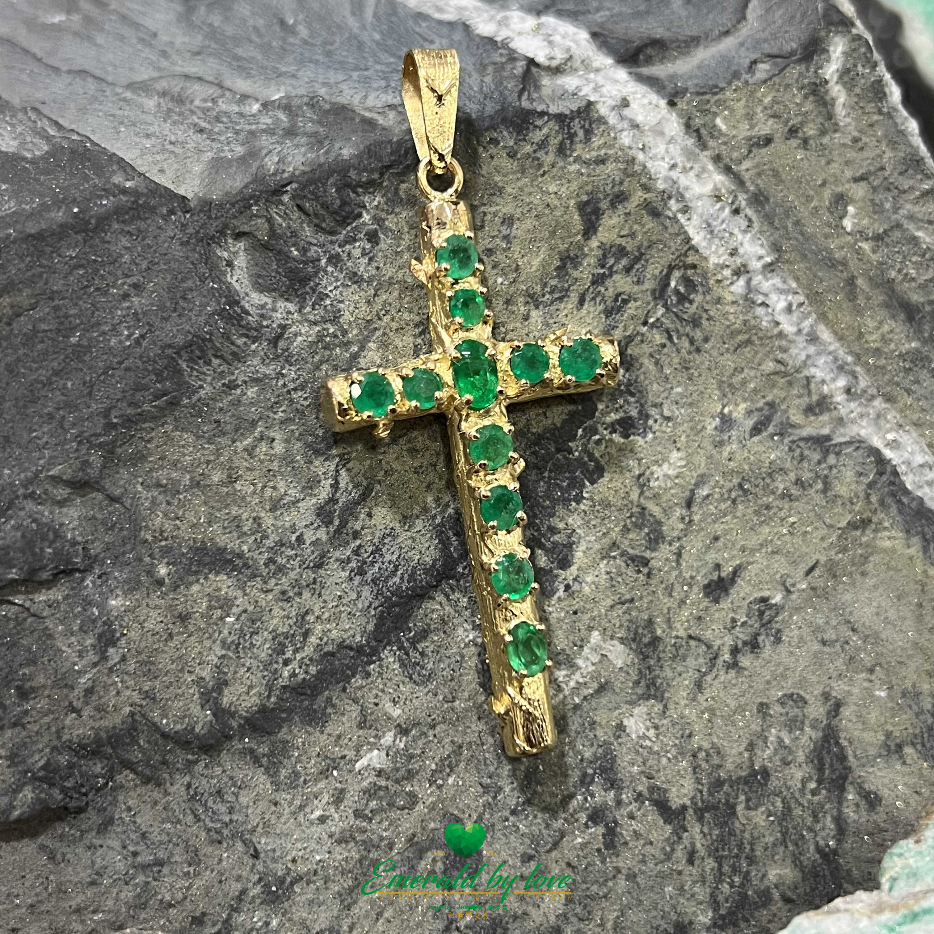 Intricately Designed 18K Yellow Gold Cross Pendant with Authentic Colombian Round and Oval Emeralds