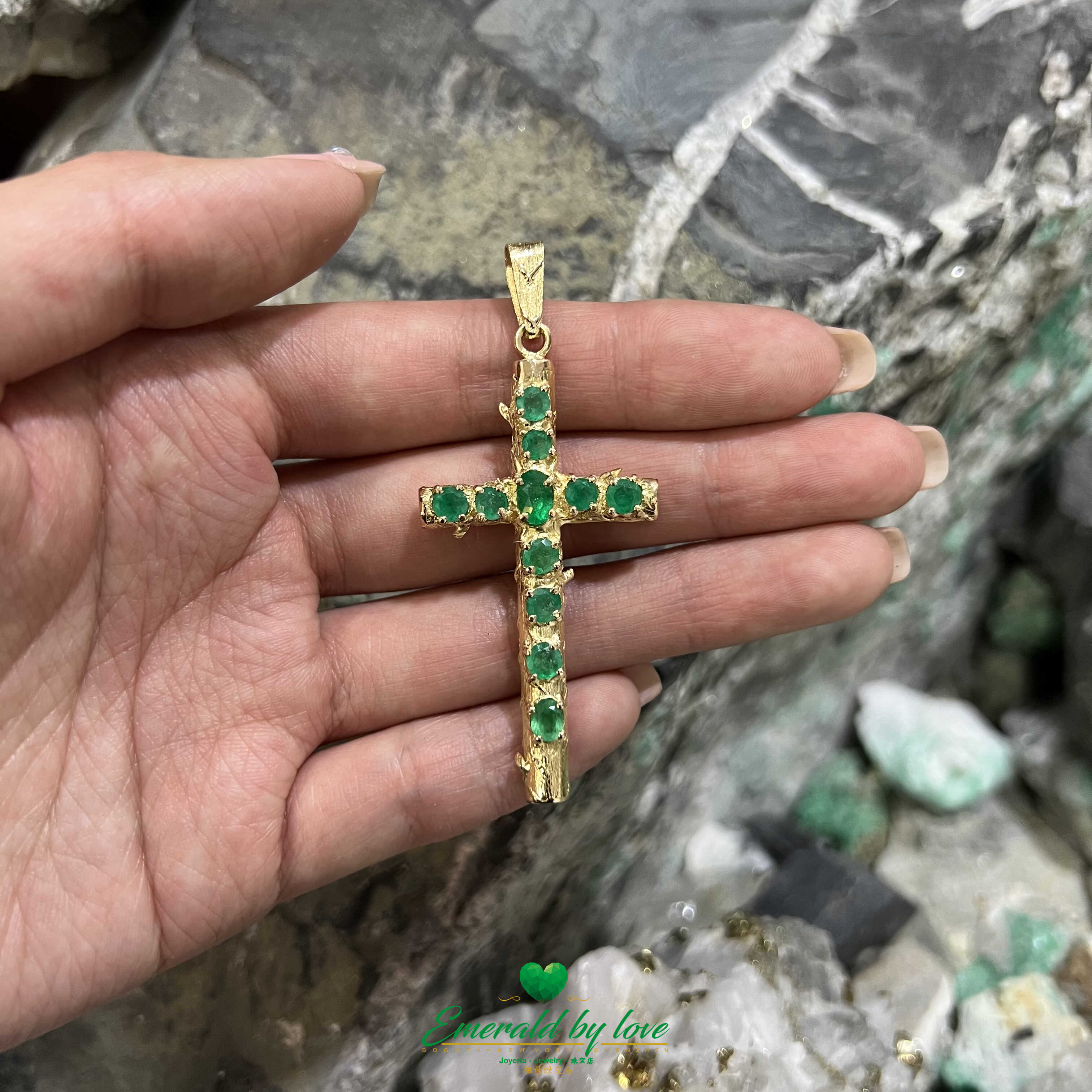 Intricately Designed 18K Yellow Gold Cross Pendant with Authentic Colombian Round and Oval Emeralds