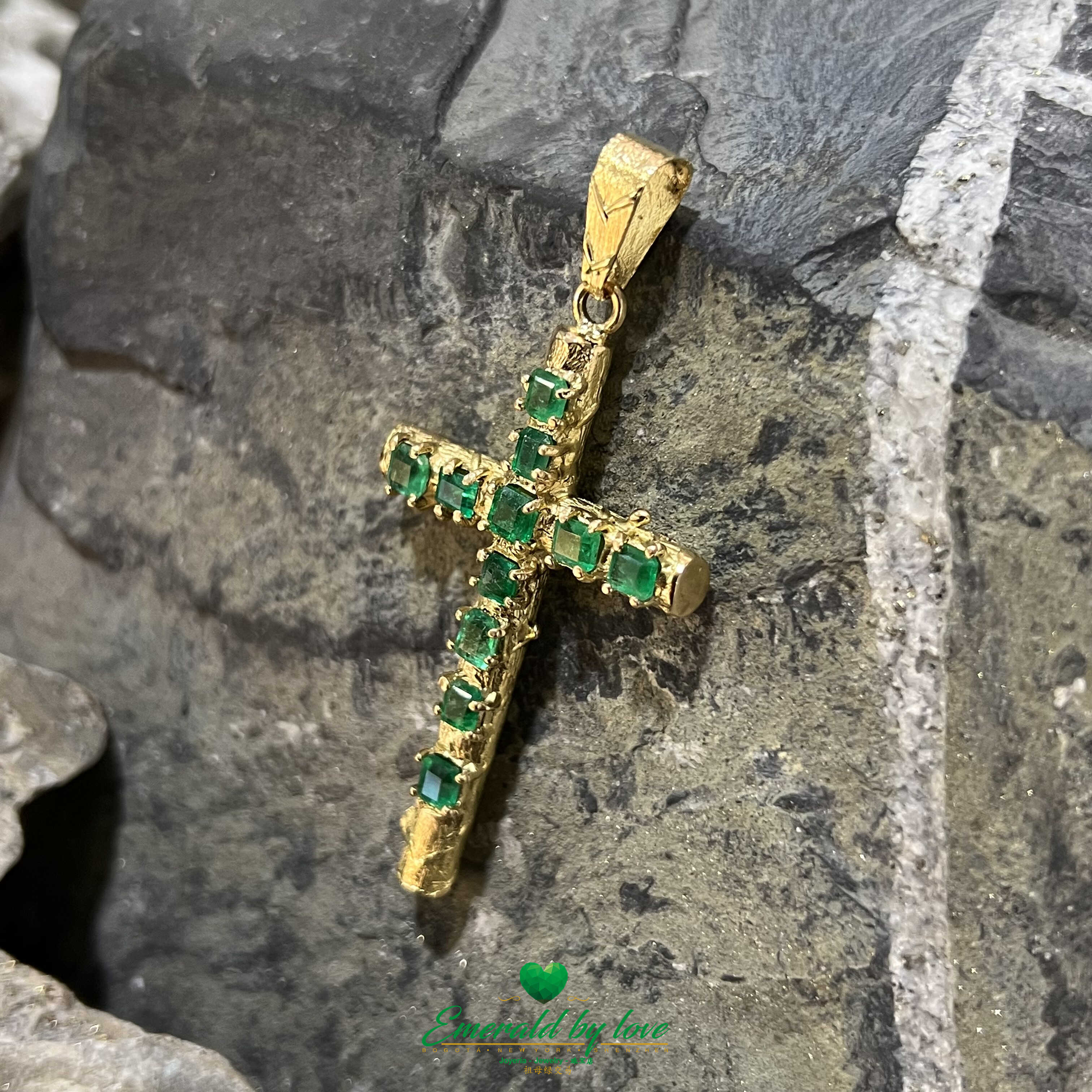 Yellow Gold Cross Pendant with Authentic Colombian Square Emeralds