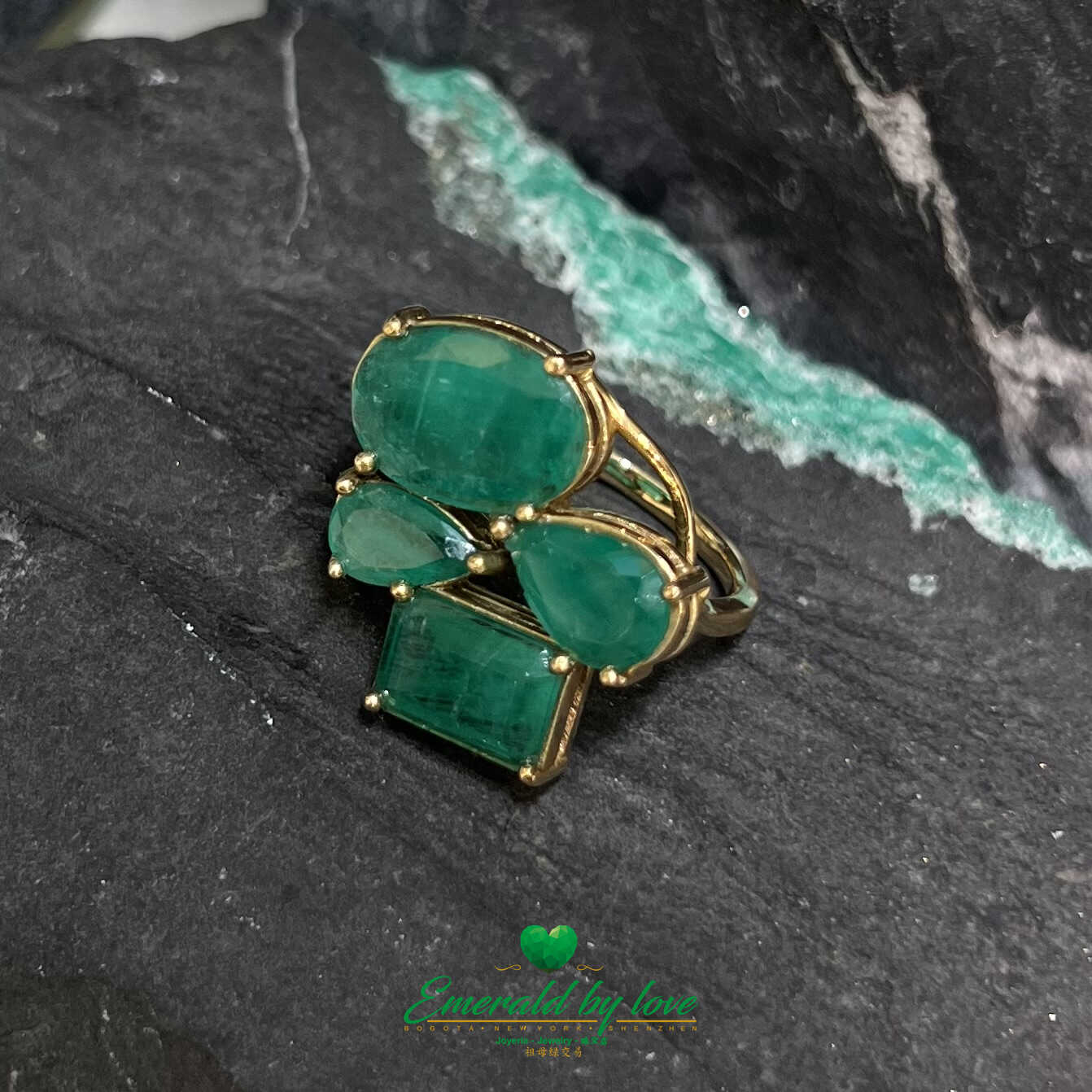 Whimsical Yellow Gold Crazy emeralds Ring