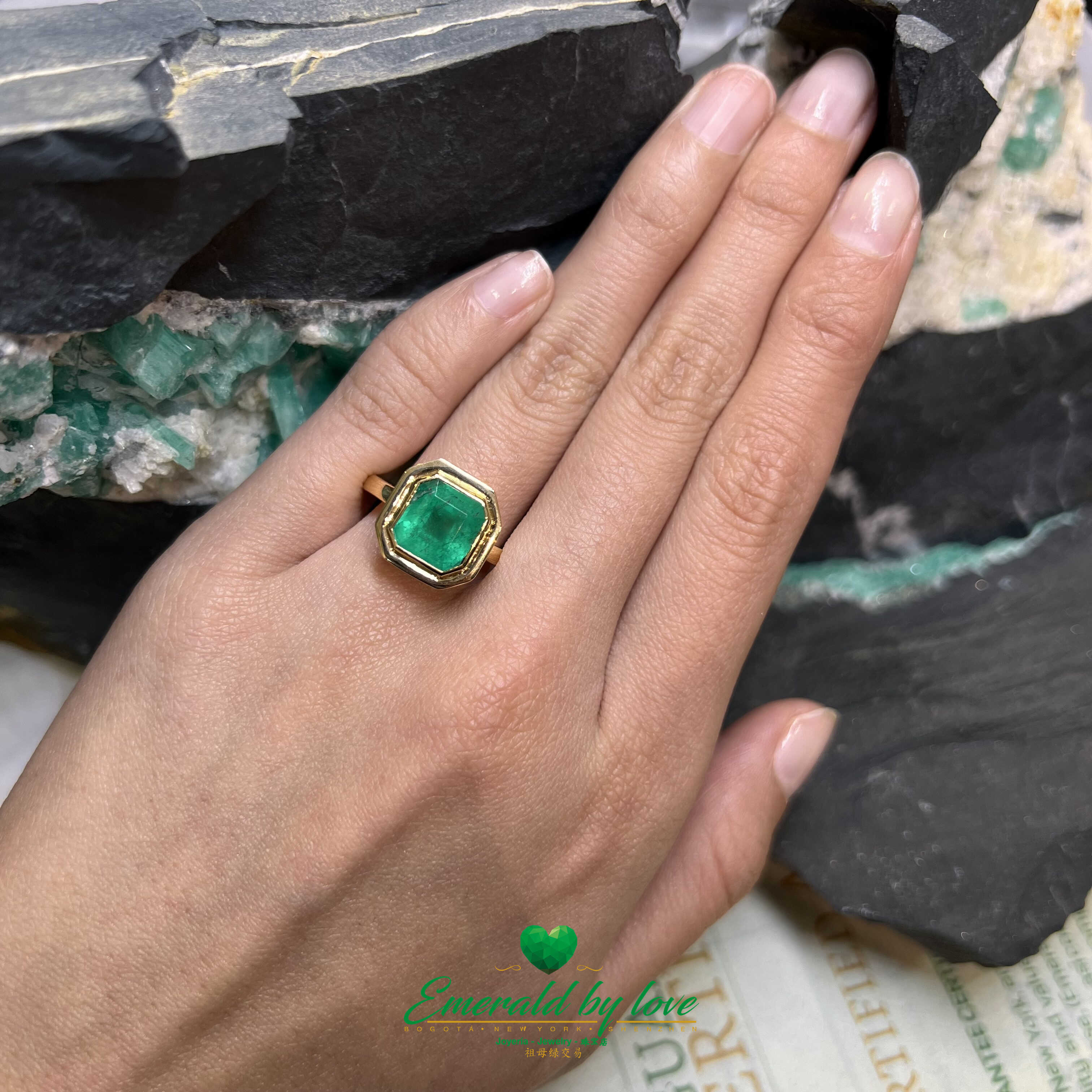 Bold Yellow Gold Ring with Square-Cut Emerald in Bezel Setting