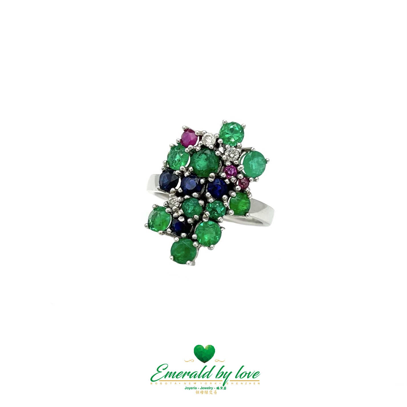 White Gold Ring with Emeralds, Sapphires, Rubies, and Diamonds