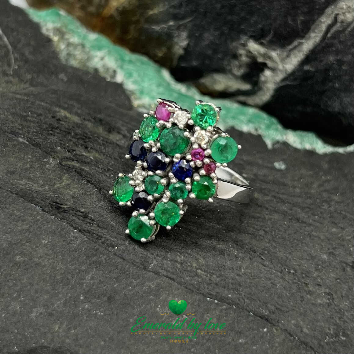 White Gold Ring with Emeralds, Sapphires, Rubies, and Diamonds