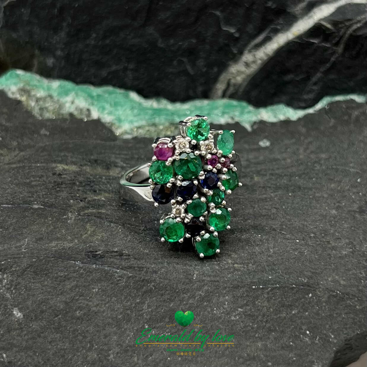 White Gold Ring with Emeralds, Sapphires, Rubies, and Diamonds