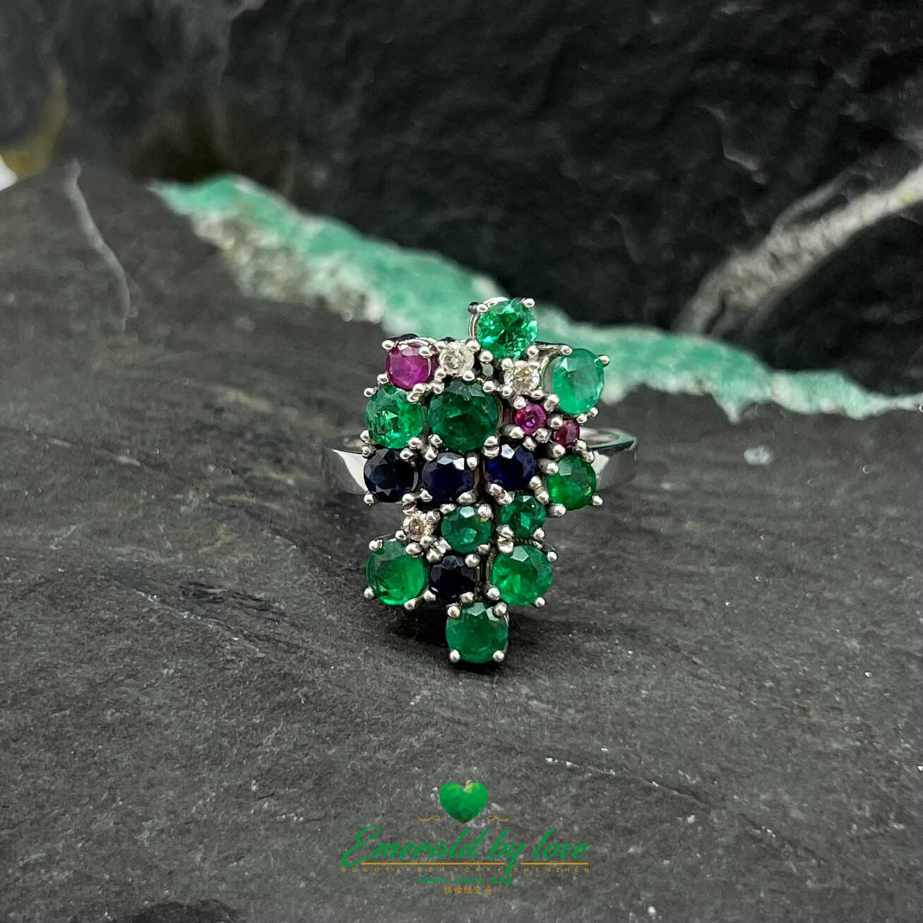 White Gold Ring with Emeralds, Sapphires, Rubies, and Diamonds