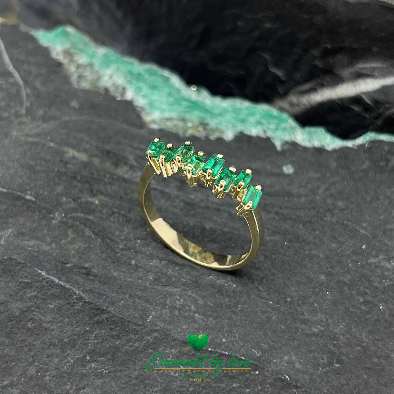 Beautiful Yellow Gold Ring with Uniformly Designed Baguette Emeralds